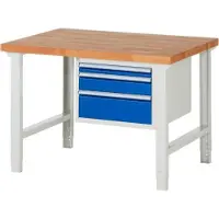 RAU Werkbank mit 3 Schubladen - Teilauszug - 60:1 / 120:1 / 180:1 - höhenverstellbar 790-1.140 mm - 1.250 x 900 mm (BxT) - Traglast 750 kg - Buche