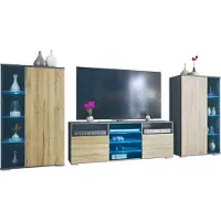 Vladon Wohnwand Davos, Anbauwand bestehend aus 2 Vitrinen und 1 TV-Board, Anthrazit matt/Eiche Natur inkl. LED-Beleuchtung (329 x 134 x 35 cm)