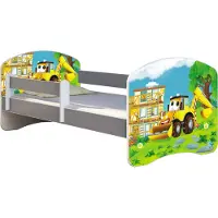 ACMA Jugendbett Kinderbett Junior-Bett Komplett-Set mit Matratze Lattenrost und Rausfallschutz Grau 20 Bagger 140x70