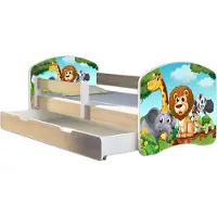 ACMA Jugendbett Kinderbett Junior-Bett Komplett-Set mit Matratze Lattenrost und Rausfallschutz Sonoma 02 Animals 140x70 + Bettkasten