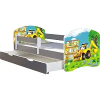 ACMA Jugendbett Kinderbett Junior-Bett Komplett-Set mit Matratze Lattenrost und Rausfallschutz Grau 20 Bagger 160x80 + Bettkasten