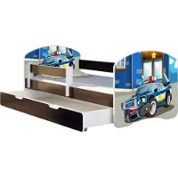 ACMA Jugendbett Kinderbett Junior-Bett Komplett-Set mit Matratze Lattenrost und Rausfallschutz Wenge 38 Polizei 180x80 + Bettkasten
