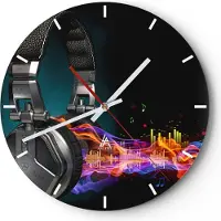 ARTTOR Wanduhr - Rund - Glasuhr - Feuer Audio Kopfhörer - 30x30cm - Schleichendes Uhrwerk - Lautlos - zum Aufhängen bereit - Dekoration Modern - Wanddekoration aus Glas - C3AR30x30-2653