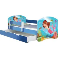 ACMA Jugendbett Kinderbett Junior-Bett Komplett-Set mit Matratze Lattenrost und Rausfallschutz Blau 09 Meerjungfrau 140x70 + Bettkasten