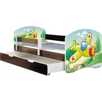 ACMA Jugendbett Kinderbett Junior-Bett Komplett-Set mit Matratze Lattenrost und Rausfallschutz Wenge 29 Flugzeug 140x70 + Bettkasten