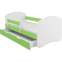 ACMA II Jugendbett Kinderbett 140 x 70 cm Junior-Bett Komplett-Set mit Matratze Lattenrost und Rausfallschutz Weiß / Grün, mit Bettkasten, Kinderzimme