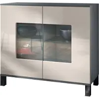 Vladon Kommode Grömitz V3, Moderner Küchenschrank mit 2 großen Glastüren Anthrazit matt / Sandgrau Hochglanz (92,5 x 84.5 x 35)