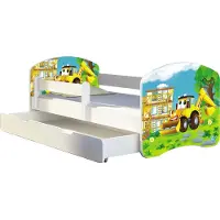 ACMA Jugendbett Kinderbett Junior-Bett Komplett-Set mit Matratze Lattenrost und Rausfallschutz Weiß 20 Bagger 180x80 + Bettkasten
