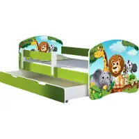 ACMA Jugendbett Kinderbett Junior-Bett Komplett-Set mit Matratze Lattenrost und Rausfallschutz Grün 02 Animals 140x70 + Bettkasten