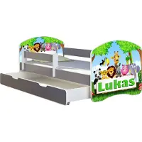ACMA Jugendbett Kinderbett Junior-Bett Komplett-Set mit Matratze Lattenrost und Rausfallschutz Grau 01 Zoo Name 180x80 + Bettkasten