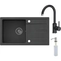VBChome Spülbecken mit Armatur 77 x 44 cm Schwarz Einzelbecken Einbauspüle Abtroffläche Gesprenkelt Reversibel Granitspüle Siphon Spülmittelspender Armatur