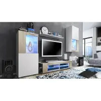 Vladon Wohnwand Movie, Anbauwand bestehend aus 1 TV-Board, 2 Vitrinen und 1 Regal, Weiß matt/Weiß matt/Eiche Sägegrau, inkl. LED-Beleuchtung blau (Gesamt: 300 x 190 x 39 cm)