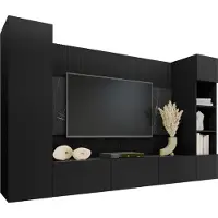 Mirjan 24 Wohnwand Deromi IV, Wohnzimmer Möbel Set, Griffloses Öffnungssystem push to open, 4er-Set (Farbe: Schwarz / Schwarz + Schwarz Marmor)