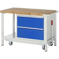RAU Mobile absenkbare Werkbank, Ablageboden, 2 XL Schubladen - Vollauszug - 270:2 - 880 x 1.250 x 700 mm (HxBxT) - Traglast 1.250 kg - Buche