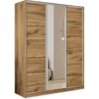 Masseno Schiebetürenschrank PINA 160/205/58 cm Kleiderschrank mit 4 Schubladen Schlafzimmer Schrank 3-türig mit Spiegel Eiche Wotan
