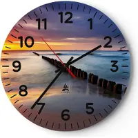 ARTTOR Wanduhr - Rund - Glasuhr - Meer Küste Strand Sonnenaufgang - 40x40cm - Schleichendes Uhrwerk - Lautlos - zum Aufhängen bereit - Dekoration Modern - Wanddekoration aus Glas - C4AR40x40-2781
