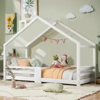 Ele eleoption （90×200cm，Weiß）Rausfallschutz Kinderbett Hausbett mit Schornstein Einzelbett Bodenbett Kiefernholzbett Bettgestell mit Zaun und Lattenrost für Kinder Jungen Mädchen