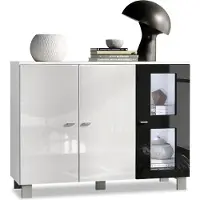 Vladon Sideboard Denjo, Germany, Kommode mit 3 Türen, Weiß matt/Weiß Hochglanz/Schwarz Hochglanz, inkl. LED-Beleuchtung (107 x 81 x 35 cm)