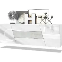 Vladon Sideboard Houston, Germany, hängende Kommode mit 2 Türen & 3 Schubladen, Korpus Weiß matt, Fronten Weiß Hochglanz, mittlere Schublade Beton Oxid Optik (178 x 57,5 x 38,5 cm)