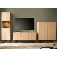 Lomadox TV-Wand in Eiche mit Vitrinenschrank inkl. Beleuchtung, Lowboard & Highboard, Metallgestelle, 3-teilig - KASOL-61