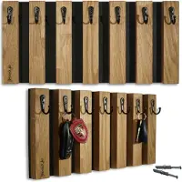 FLEXISTYLE Lamellen Schlüsselbrett Garderobenleiste Holz, Eiche, Hakenleiste, Kleiderhaken, Wandhaken, Edelstahl, Wandgarderobe, Garderobenpaneel, für Flur, Kinderzimmer, Schlafzimmer 40cm