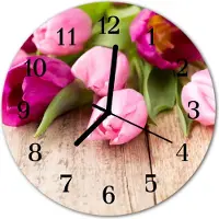 Tulup Glasuhr Wanduhr Küchenuhr Echt-Glas 30fi cm Tulpen rosa