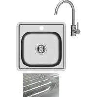 VBChome Einbauspüle mit Armatur 48x48 Satinstruktur ab 45er Unterschrank Edelstahl Küchenspüle Spüle Ablagefläche Abtropffläche eckiges Camping Ablaufgarnitur Siphon Wasserhahn Inox Edelstahl
