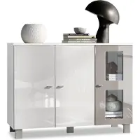 Vladon Sideboard Denjo, Germany, Kommode mit 3 Türen, Weiß matt/Weiß Hochglanz/Sandgrau Hochglanz (107 x 81 x 35 cm)