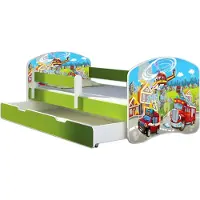ACMA Jugendbett Kinderbett Junior-Bett Komplett-Set mit Matratze Lattenrost und Rausfallschutz Grün 36 Feuerwehr 160x80 + Bettkasten