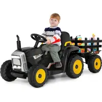 Goplus Elektrofahrzeuge mit Anhänger, 3-Gang Elektroauto Traktor mit Fernbedienung, LED-Licht & Musik & Bluetooth, für Kinder ab 3 Jahren, bis 30 kg (Schwarz)