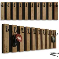 FLEXISTYLE Lamellen Schlüsselbrett Garderobenleiste Holz, Eiche, Hakenleiste, Kleiderhaken, Wandhaken, Edelstahl, Wandgarderobe, Garderobenpaneel, für Flur, Kinderzimmer, Schlafzimmer 60cm