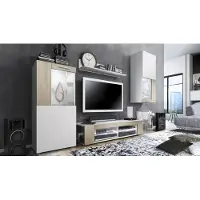 Vladon Wohnwand Movie, Anbauwand bestehend aus 1 TV-Board, 2 Vitrinen und 1 Regal, Weiß matt/Weiß matt/Eiche Sägegrau, inkl. LED-Beleuchtung weiß (Gesamt: 300 x 190 x 39 cm)