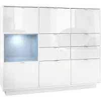 Vladon Highboard Sideboard Metro V2, Germany, Korpus in Weiß Hochglanz / Fronten in Weiß Hochglanz mit Einsatz in Denim matt, inkl. LED Beleuchtung