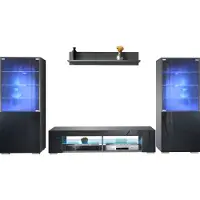Vladon Wohnwand Nevada V2, Anbauwand bestehend aus 2 Vitrinen, 1 TV-Board und 1 Wandregal Anthrazit matt/Schwarz Hochglanz inkl. LED Beleuchtung (304,5 x 141 x 39 cm)