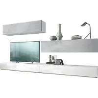 Vladon Wohnwand Nublo, Germany, Anbauwand mit Rückwand mit 2 Klappen und 2 Sockelelementen, Korpus Weiß matt, Fronten Weiß Hochglanz und Beton Oxid Optik (280 x 147 x 39 cm)