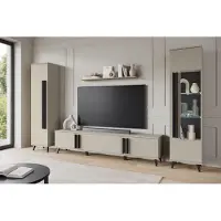 MINIO go for it , HURON II Wohnwand – Wandregal mit 2 Schränken, TV-Lowboard, 1 Hängeregal, Kunststoffbeine, ohne LED-Beleuchtun, Beige Congo/Schwarz