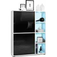 Vladon Highboard Schrank Anrichte Cuba mit 8 Fächern, Germany, Korpus in Weiß matt / Fronten in Schwarz Hochglanz, mit RGB LED Beleuchtung