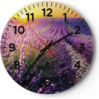 ARTTOR Wanduhr - Rund - Glasuhr - Feld Lavendel Sonne - 30x30cm - Schleichendes Uhrwerk - Lautlos - zum Aufhängen bereit - Dekoration Modern - Wanddekoration aus Glas - C4AR30x30-4703