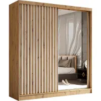 Masseno Schiebetürenschrank LAMELLO 200 cm Kleiderschrank Schlafzimmer Schrank 2-türig mit Spiegel und Lamellen Eiche Artisan