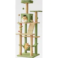 Markenlos Katzenbaum in Grün, 163 cm hoher Kratzbaum mit Schlafhöhle, gemütlicher Hängematte, Sisal-Pfosten, Mehreren Plattformen und bunten Spielbällen