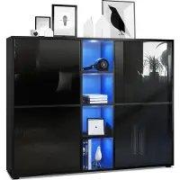 Vladon Highboard Cuba V3, Germany, Schwarz matt/Schwarz Hochglanz inkl. LED - Moderne Anrichte mit 12 Fächern (130,5 x 105,5 x 35,5 cm)
