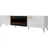 Mirjan 24 TV-Lowboard Picru 2D EF mit Kamin, TV-Schrank mit zwei Klappen, Realistische LED-Flamme, Stilvoll Wohnzimmer Kollektion (Farbe: Weiß / Weiß Hochglanz + Gold)