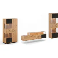 Feldmann-Wohnen Wohnwand Tirano Wohnzimmer-Set Massivholz geölt Ausführung wählbar,Vitrine, Lowboard, Hängevitrine,Eiche Natur / Absetzung schwarz / Hirnholz