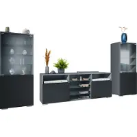 Vladon Wohnwand Granada, Anbauwand bestehend aus 2 Vitrinen und 1 TV-Board, Anthrazit matt/Schwarz matt (286 x 122,5 x 35 cm)