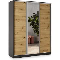 Masseno Schiebetürenschrank SORE 150/205/58 cm Kleiderschrank mit 4 Schubladen Schlafzimmer Schrank 3-türig mit Spiegel Schwarz / Eiche Artisan