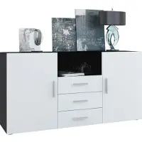 Vladon Sideboard Skadu, Kommode mit 2 Türen, 3 Schubladen und 1 offenem Fach, Schwarz matt/Weiß matt (138,5 x 71,5 x 35 cm)