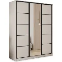 Masseno Schiebetürenschrank PINA 160/205/58 cm Kleiderschrank mit 4 Schubladen Schlafzimmer Schrank 3-türig mit Spiegel Kaschmir