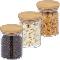 Relaxdays Vorratsgläser mit Bambusdeckel, 3er Set, runde Vorratsdosen aus Glas, 650 ml, luftdicht, transparent/natur