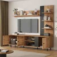 Ele eleoption TV-Wohnwand 3-teilig, Mediawand mit TV-Lowboard, Vitrine & Regal, Wohnzimmermöbel-Set mit offenen Regalböden, für TV bis 80 Zoll, Holzfarbe/Schwarz