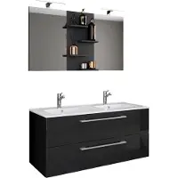 VCM 3-tlg. Doppel Waschplatz | 2x Waschtisch | Badmöbel Set mit Unterschrank, Waschbecken und Spiegel | Doppelwaschbecken | Komplettset Budasi SP